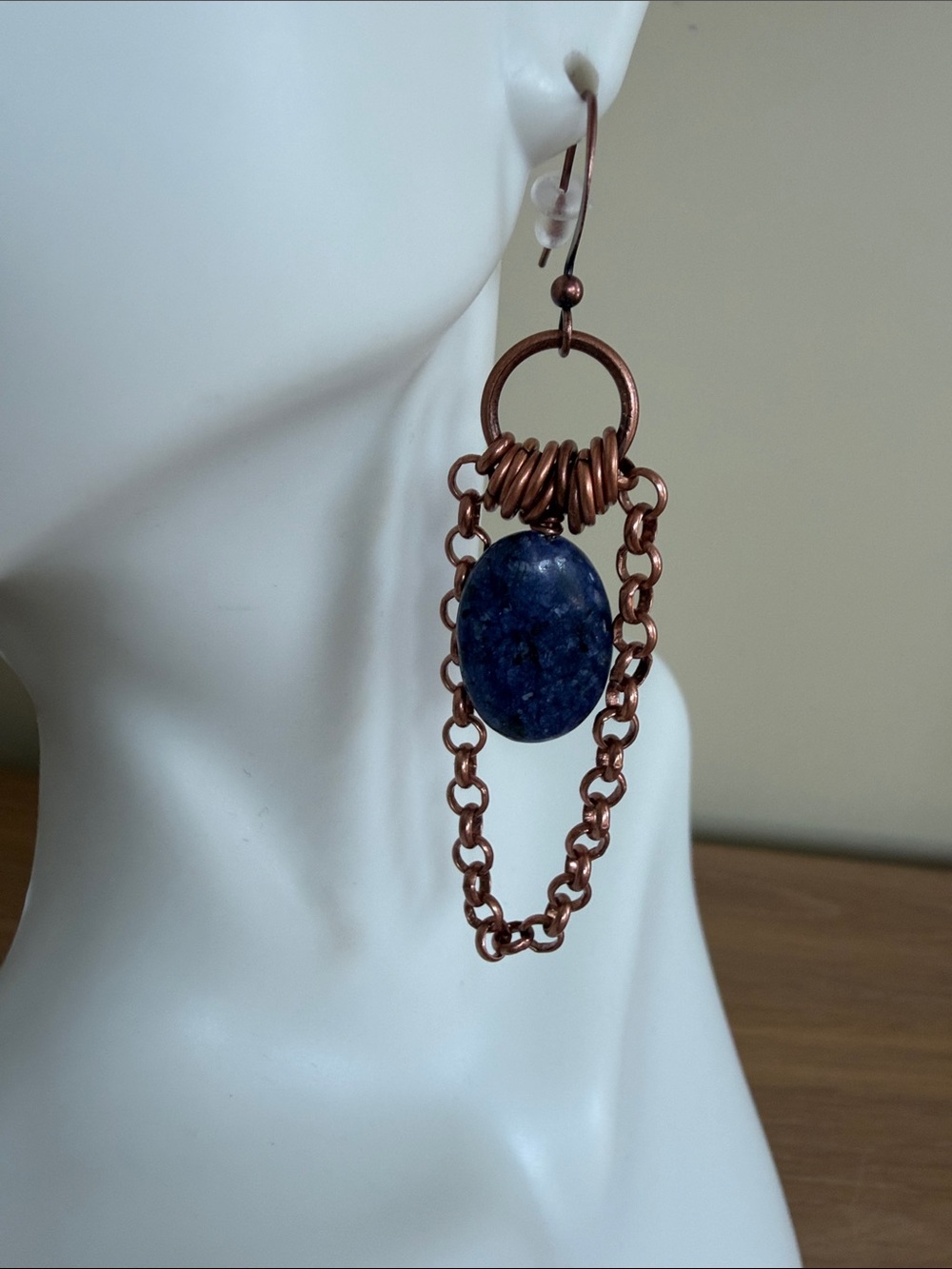 HAND CRAFTED LAPIS LAZULI & COPPER CHAIN DANGLE EARRINGS Boho Gemstone Jewelry